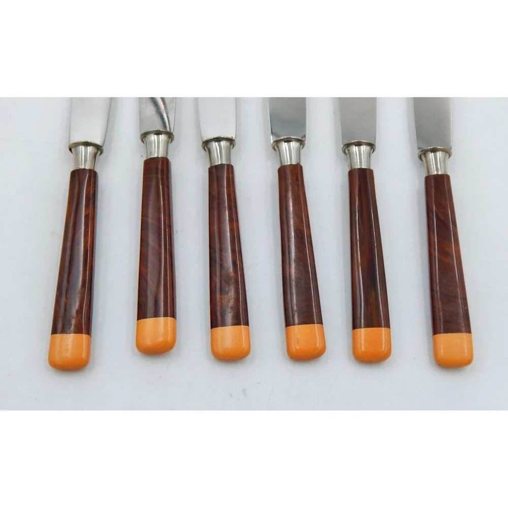 Rostfrei Solingen Dessert Knife 6 Pc Set Wood Grain Bakelite Handle Box 1930s